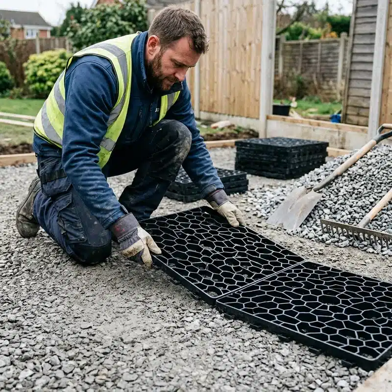 Worker installing black EcoBase plastic panels onto a compacted 804 hardcore sub-base for a shed