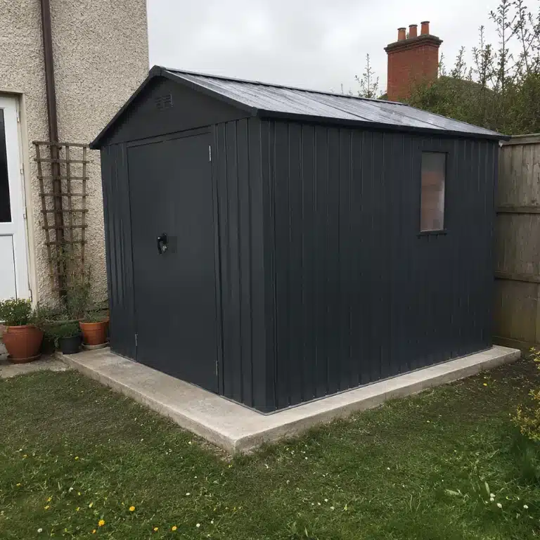 Completed Steeltech steel shed on a concrete base in a Blanchardstown back garden