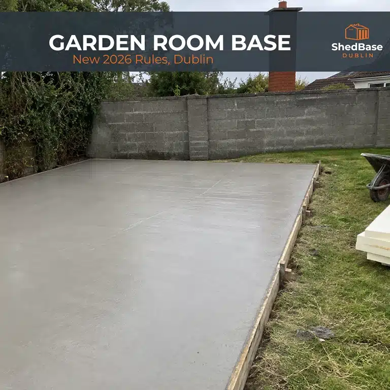 Large poured concrete base ready for a garden room in a Dublin back garden