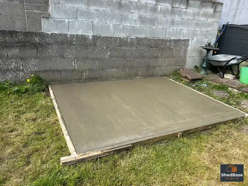 Cured concrete base in a Dublin 15 back garden, sized for a garden room
