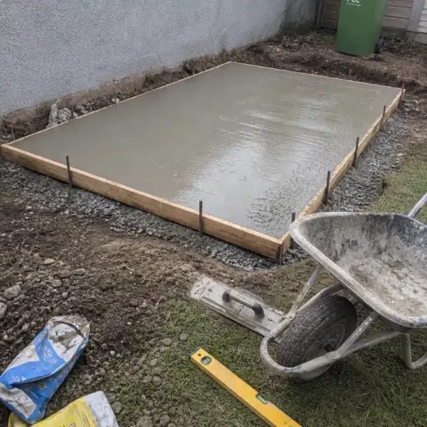 Concrete pad with timber formwork prepared for a steel garden shed in Dublin