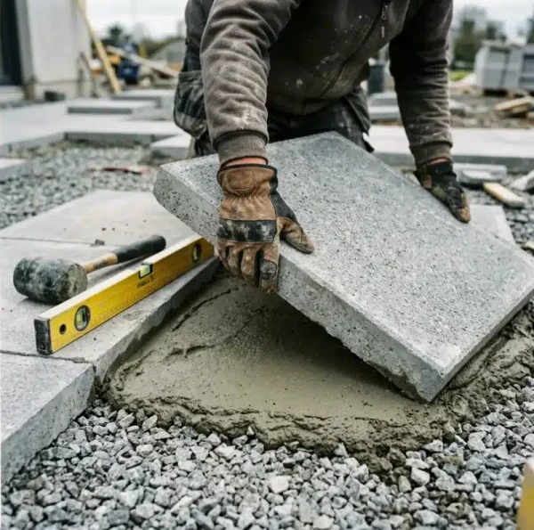 Close-up of laying 600x600 concrete shed base paving slabs on a mortar bed in Dublin